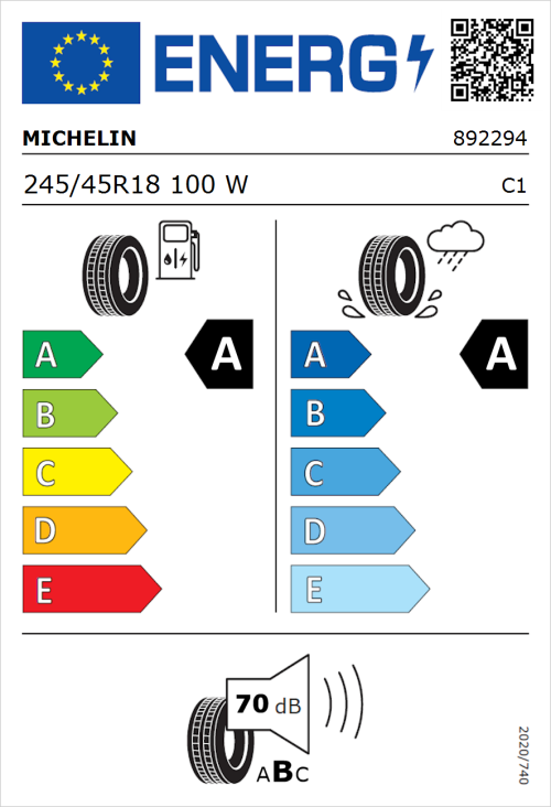 Tyre Label for Michelin Primacy 4 245/45R18 100W