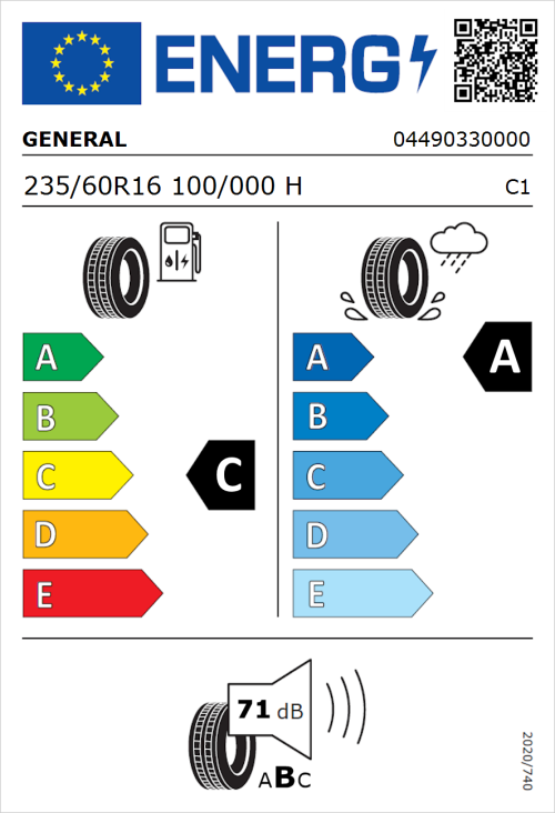 Tyre Label for General Grabber GT Plus 235/60R16 100/000H