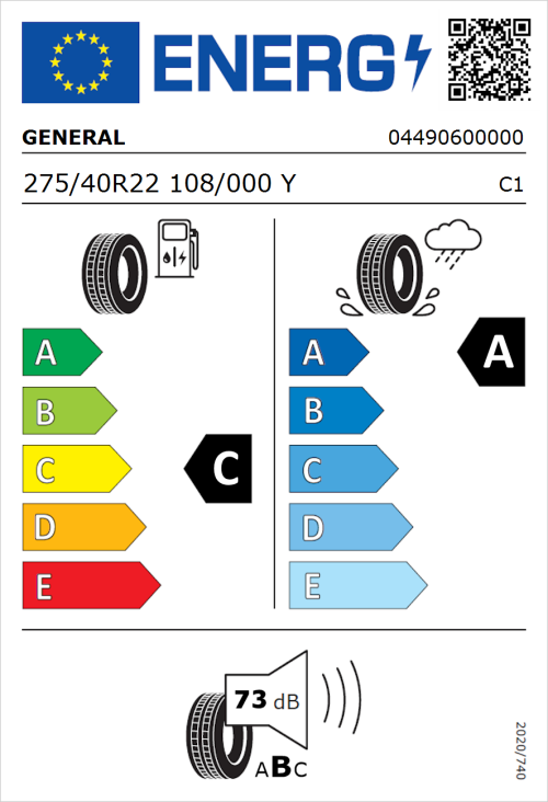 Tyre Label for General Grabber GT Plus 275/40R22 108/000Y