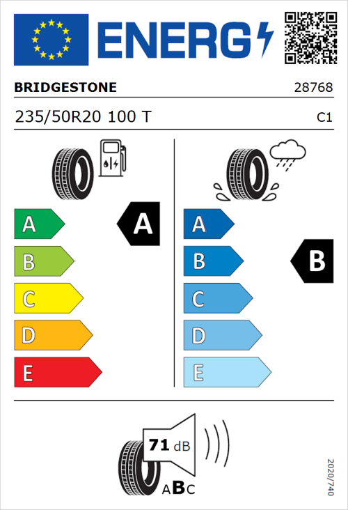 Tyre Label for Bridgestone Turanza T001 235/50R20 100T