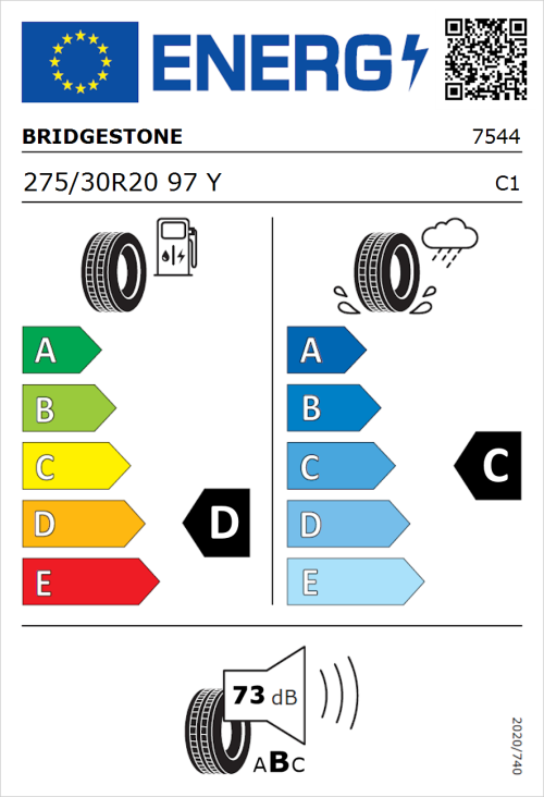 Tyre Label for Bridgestone Potenza RE050A 275/30R20 97Y